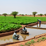 **Image Prompt:** A vibrant scene depicting sustainable aquaculture in Burkina Faso. Show innovative water recycling systems in action, with local farmers utilizing smart sensor technology to monitor water quality. Include lush greenery and thriving fish populations, emphasizing the integration of technology and nature. The image should convey a sense of hope and progress in a dry, arid landscape.