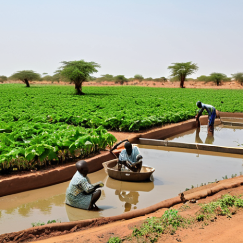 Home 4 **Image Prompt:** A vibrant scene depicting sustainable aquaculture in Burkina Faso. Show innovative water recycling systems in action, with local farmers utilizing smart sensor technology to monitor water quality. Include lush greenery and thriving fish populations, emphasizing the integration of technology and nature. The image should convey a sense of hope and progress in a dry, arid landscape.